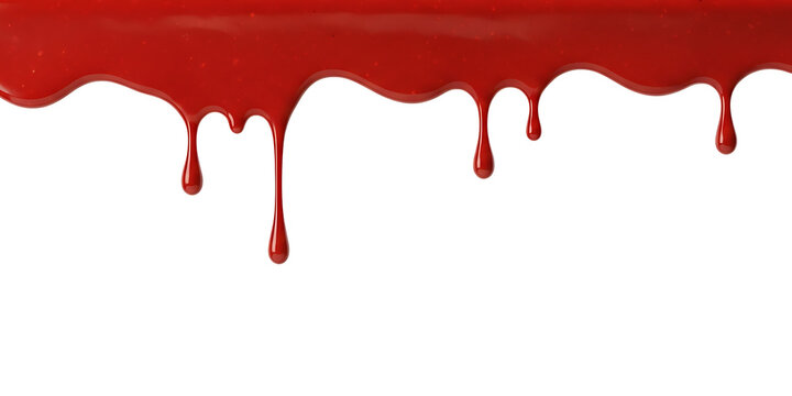 Red blood dripping down border with realistic liquid drops, horror themed edge for scary, spooky, thriller design