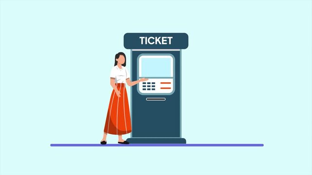 Animated video of goal a person standing in front of a ticket machine. Machine&nbsp;Ticket concept. Full length animation illustration. High quality&nbsp;4k&nbsp;footage
