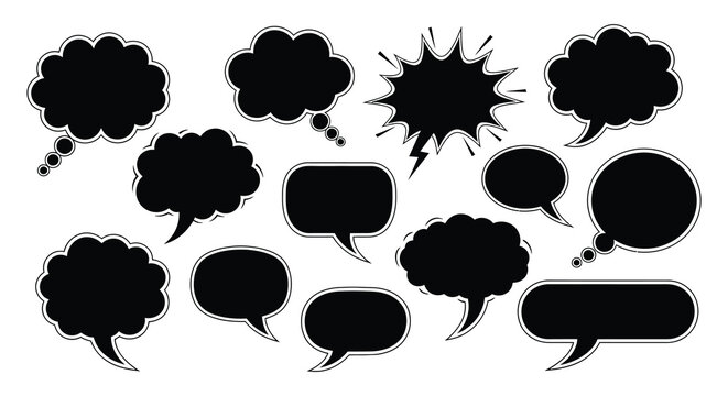 A collection of various black speech bubbles and thought balloons ideal for comics and design on transparent background silhouette high quality