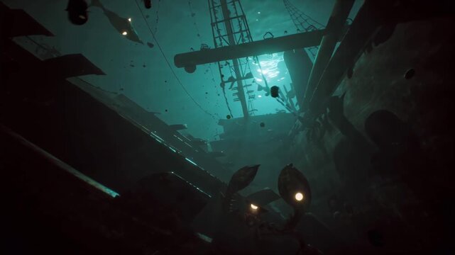 4K realistic underwater cinematic video, sunken shipwreck total darkness, eerie suspenseful atmosphere, glowing eyes bioluminescent patterns predators sharks, giant crabs, abyssal creatures navigating