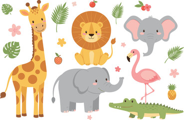 Obraz premium Cute safari animals set with lion giraffe elephant flamingo and crocodile in pastel cartoon vector illustration style