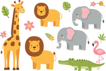 Cute safari animal illustration set with lion giraffe elephant flamingo and crocodile in pastel cartoon vector style © MDAbul