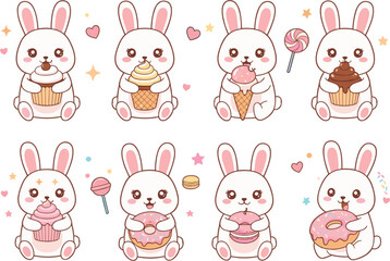 Obraz premium Cute bunny character set holding sweets cupcakes donuts ice cream and candy in kawaii pastel cartoon vector style