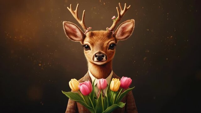 Deer in suit holding tulips with antler blossoms in gentle portrait. March 8, International Women's Day. Mother's Day. Spring