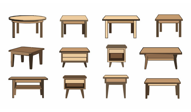 Outline table furniture vector set with dining coffee bedside and console tables isolated on white