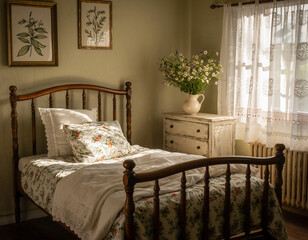 Cozy Cottagecore Bedroom with Floral Patterns and Vintage Wood