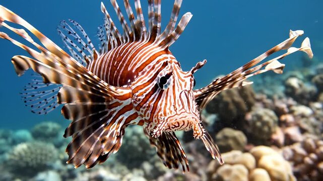 Red lionfish swims gracefully in blue ocean water. Its venomous spines and striped fins are clearly visible. A dangerous marine creature.