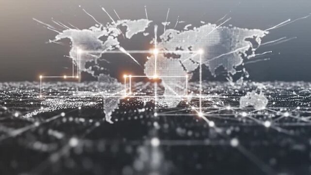 Abstract data visualization features a world map with connected dots and lines