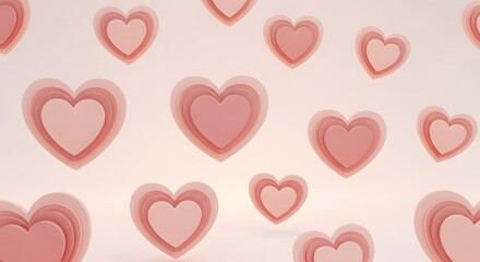 A charming background featuring numerous pink layered hearts floating on a soft, light-colored backdrop, symbolizing love and affection and romance.
