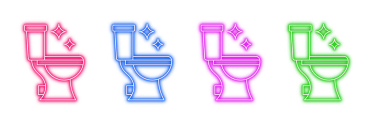 Neon glowing toilet vector icons set, cleanliness, hygiene, sanitation, restroom, sparkling, vibrant colorful digital design illustration.