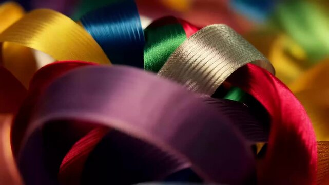 Colorful ribbons are arranged together in a close-up shot showing their texture and shine in a bright setting during the day