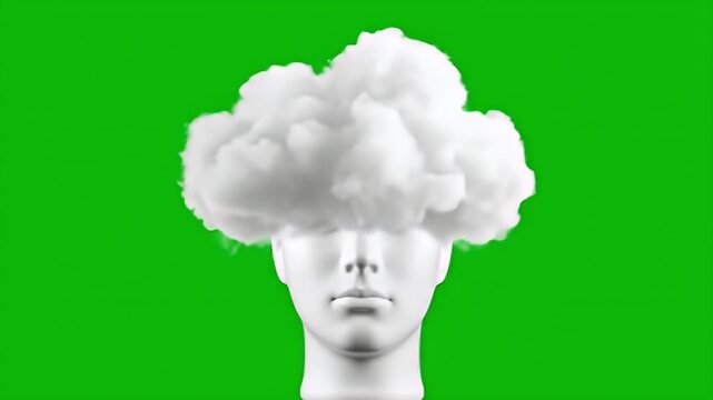 A white mannequin head with a fluffy white cloud resting on top, set against a vibrant green screen background, symbolizing thought or imagination.