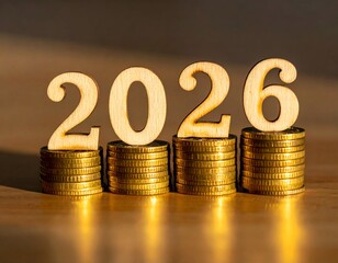 Wooden "2026" atop gold coin stacks, financial concept