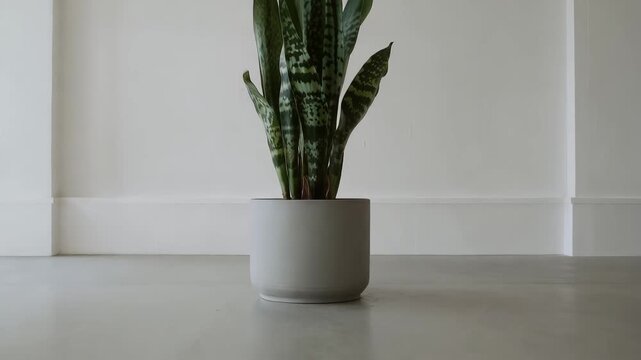 Focus on a green plant in a simple pot placed on a smooth floor in a well-lit room with white walls during daylight