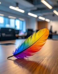 A vibrant rainbow feather rests on a polished wooden surface, office in background