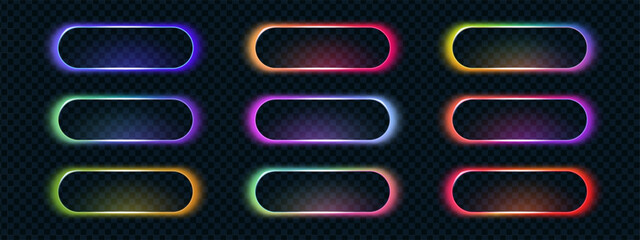 Neon glow 3d buttons with gradient light box frame and smooth call action highlights in multiple hues. These neon call action shapes look glossy and futuristic.