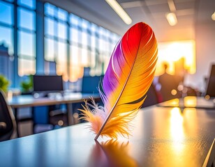Vivid feather on table, office background, bright colors and light