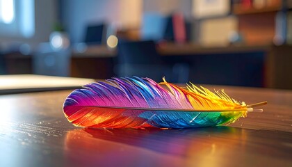 Close-up of a colorful feather on a wooden table, office backdrop