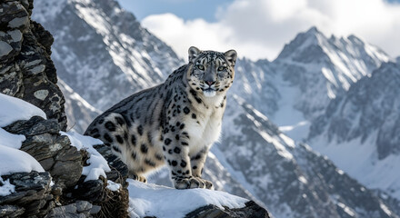 Fototapeta premium WORLD WILDLIFE DAY Medicinal Aromatic Plants Conserving Health Heritage Livelihoods – Majestic Snow Leopard Himalayan Mountains Snowy Peaks Endangered Species Conservation 