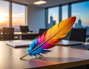 Vivid, multi-colored feather rests atop a boardroom table