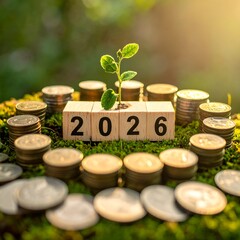 2026 on a block with a plant growing out of it, surrounded by coins