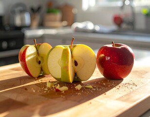 Sliced apples on a wood board with kitchen in soft focus background