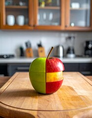 Two-tone apple cut and sliced on wood, kitchen in background