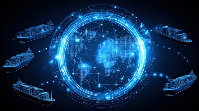 A futuristic digital representation of ships navigating a global network, showcasing technology and connectivity in maritime logistics.