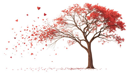 Obraz premium Romantic Love Tree with Red Heart Shaped Leaves Blowing in Wind Isolated on White