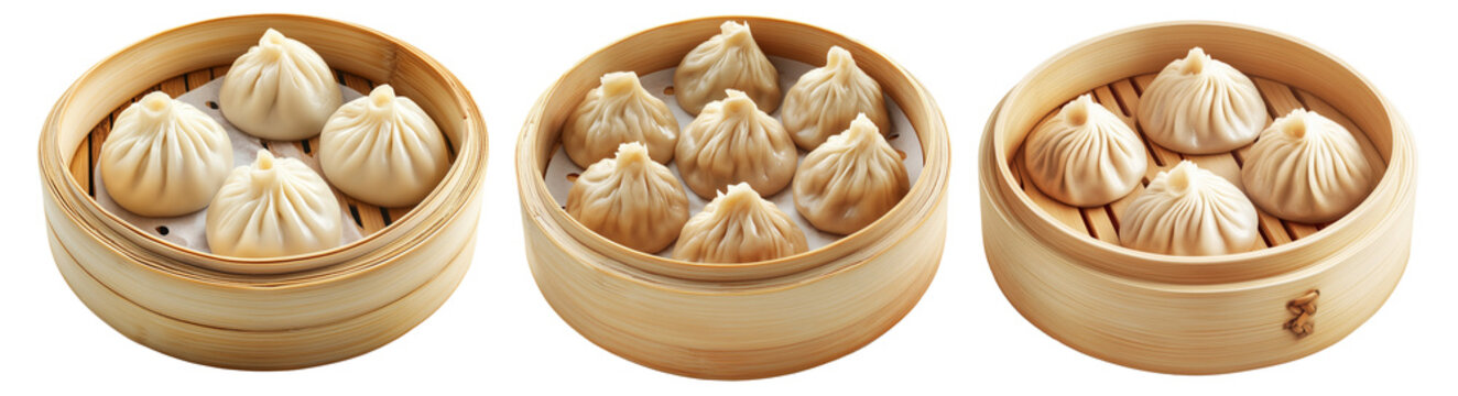 Steamed dumplings Xiao Long Bao in a bamboo steamer isolated on white background, concept of Asian traditional cuisine