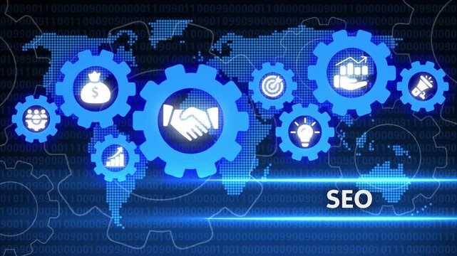 SEO Optimization Concept with Global Interconnected Gears and Icons