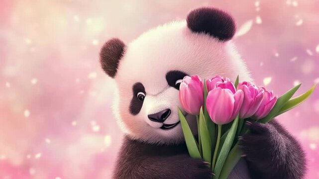 Adorable panda holding pink tulips against a soft pastel background. March 8, International Women's Day. Mother's Day. Spring
