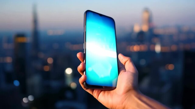 A hand holds a glowing smartphone at night against a blurred cityscape, highlighting technology and communication. 4k Video footage.