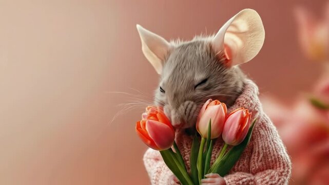 Cute mouse holding pink tulips in sweater on soft focus pink background. March 8, International Women's Day. Mother's Day. Spring