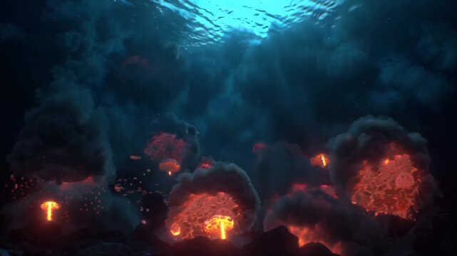 4K cinematic deep-sea volcanic vent eruption, glowing molten mineral clouds, abyssal creatures emerging predatory fish, crabs, ghostly squid moving plumes, dynamic underwater lighting, dark ocean back