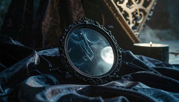 An ornate obsidian scrying mirror reflecting a luminous moon and ethereal wisps, set upon dark, draped fabric.
