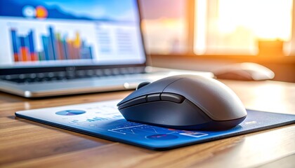 Laptop, mouse, and pad on desk, graphs shown on screen, backlit