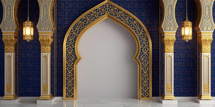Majestic golden Arabic gate frame on dark blue patterned wall background