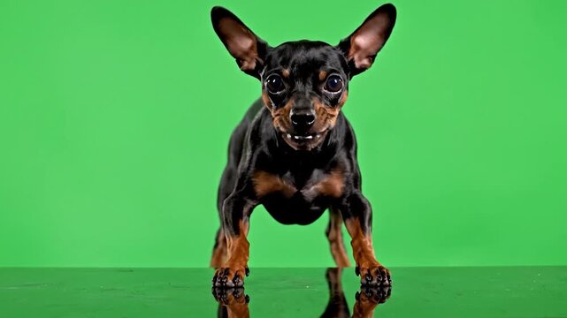 A small, black and tan dog baring teeth with intense focus, set against a green background