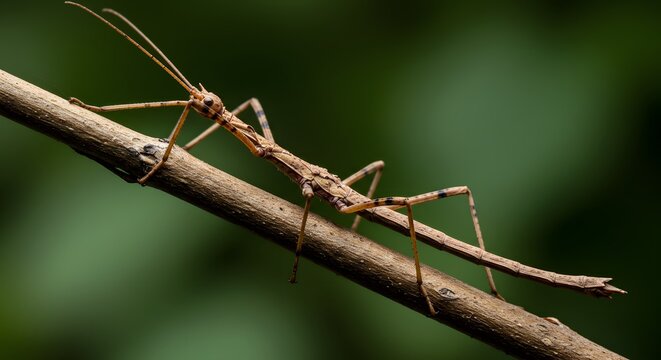 Camouflaged brown insect on a thin branch, showcasing natural camouflage
