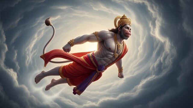 Lord hanuman flying in the sky, a revered hindu deity symbolizing devotion and strength