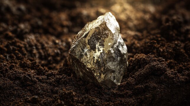 Large gold nugget resting on dark brown earth
