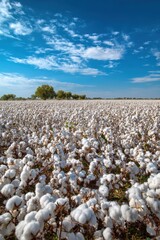 Cotton Field Under Blue Sky with Clouds in Rural Landscape