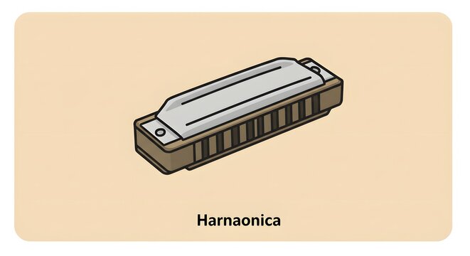 Cartoon illustration of a chromatic harmonica instrument on a soft tan background