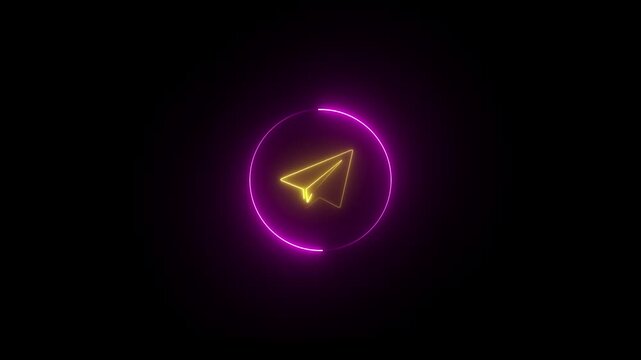 Neon Paper Airplane in Purple Circle Technology Messaging Communication Symbol