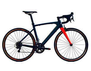 Fototapeta premium Sleek road bike, dark frame with orange accents and a bright red fork