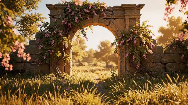 Solitary weathered stone archway in sunlit meadow framed by flowering vines
