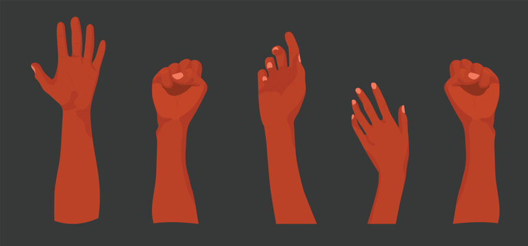 Black Lives Matter. Multiracial human hands raised with sign boards for black history month on a grey background. Black People Rights, and human rights. Black History Month vector illustration.