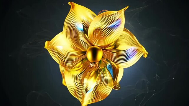 An abstract golden flower sculpture with complex textures and a glowing center that transforms into a butterfly, placed on a dark background. Video footage in 4K.