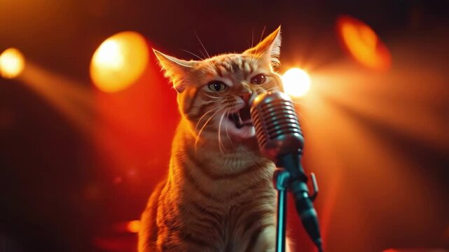 Ginger cat singing into vintage microphone on stage with dramatic lighting